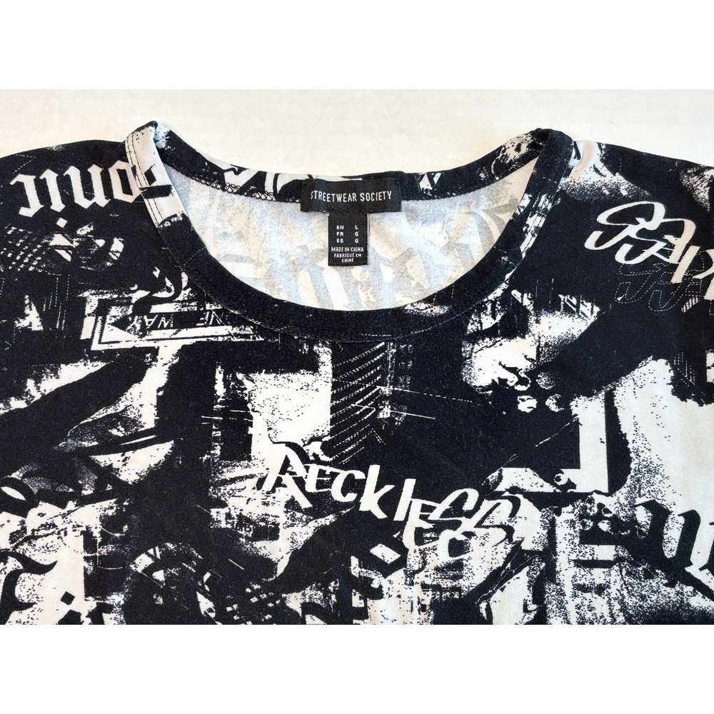 Streetwear Society Graphic T Shirt Black White All Over Print Stretch Tee L - Picture 3 of 7